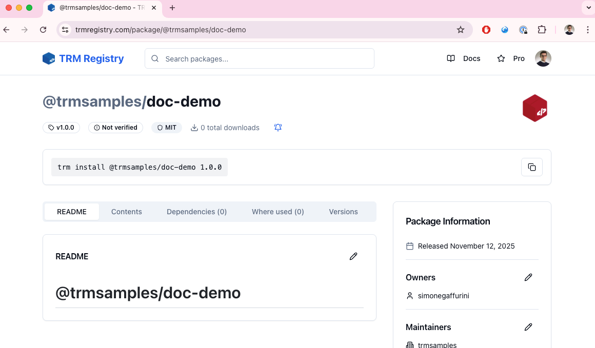 Package viewed in registry